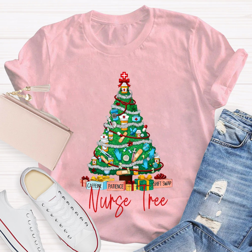 School Nurse Tree Caffeine Patience Shift Swap Christmas T-shirt