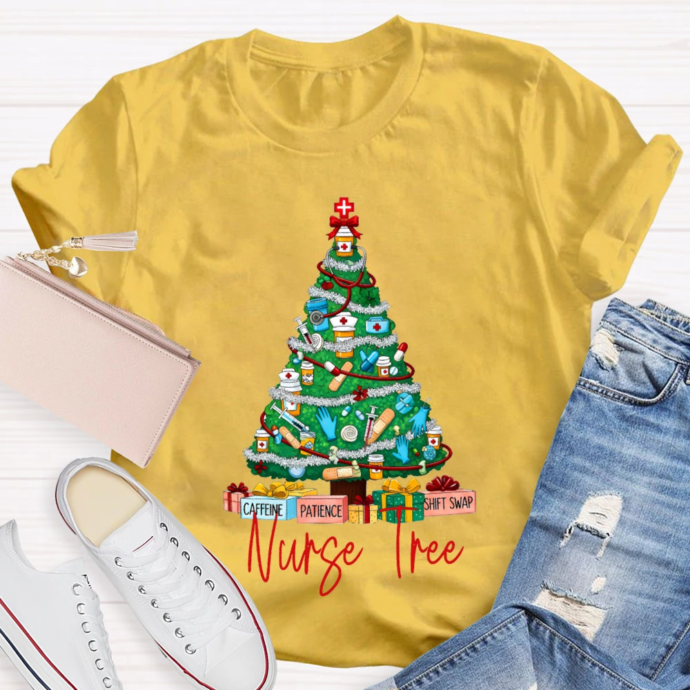 School Nurse Tree Caffeine Patience Shift Swap Christmas T-shirt