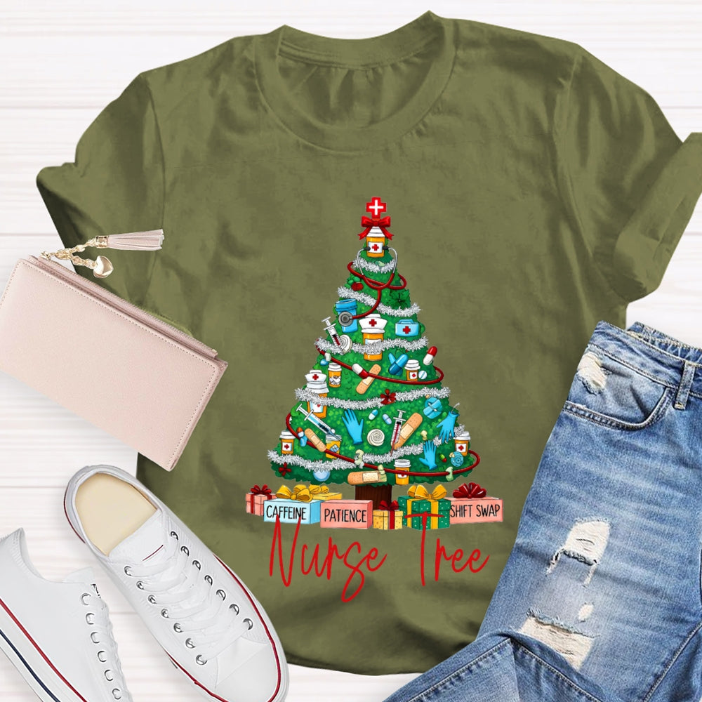 School Nurse Tree Caffeine Patience Shift Swap Christmas T-shirt