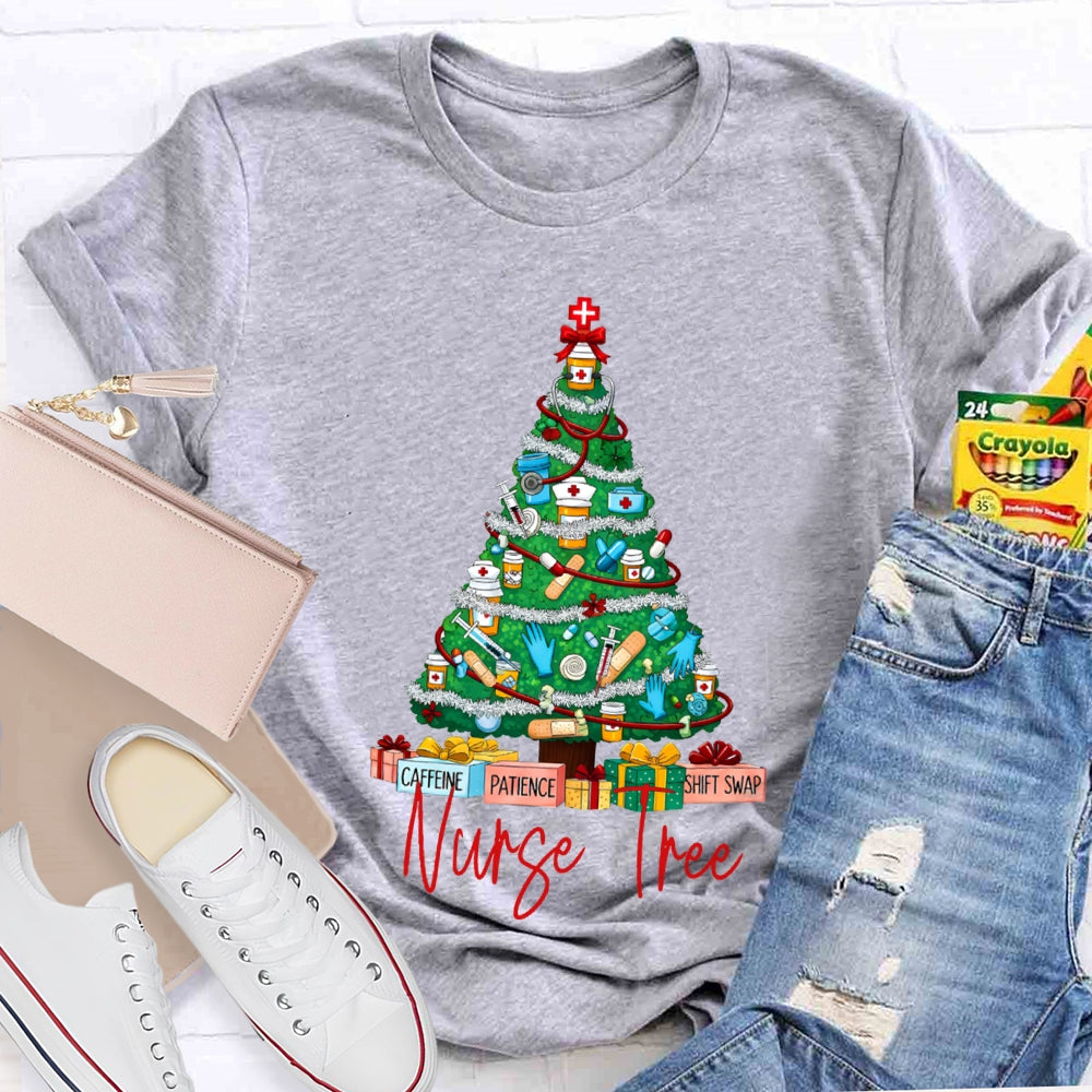 School Nurse Tree Caffeine Patience Shift Swap Christmas T-shirt