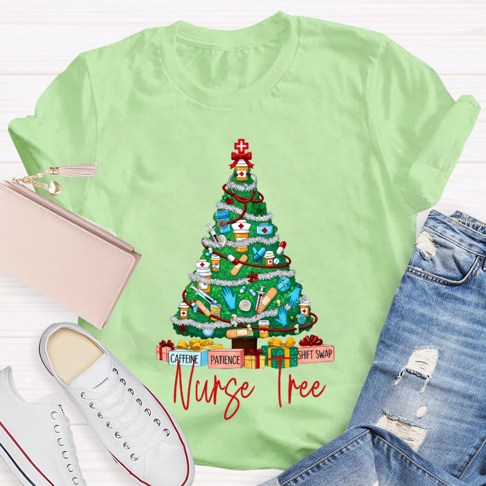 School Nurse Tree Caffeine Patience Shift Swap Christmas T-shirt