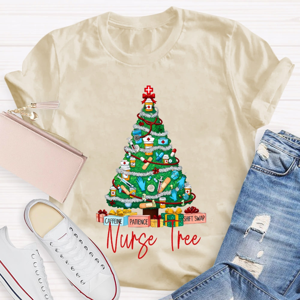 School Nurse Tree Caffeine Patience Shift Swap Christmas T-shirt