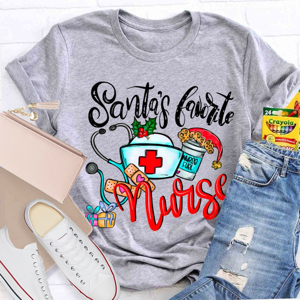 Santa'S Favorite Nurse Santa Hats And Christmas T-shirt