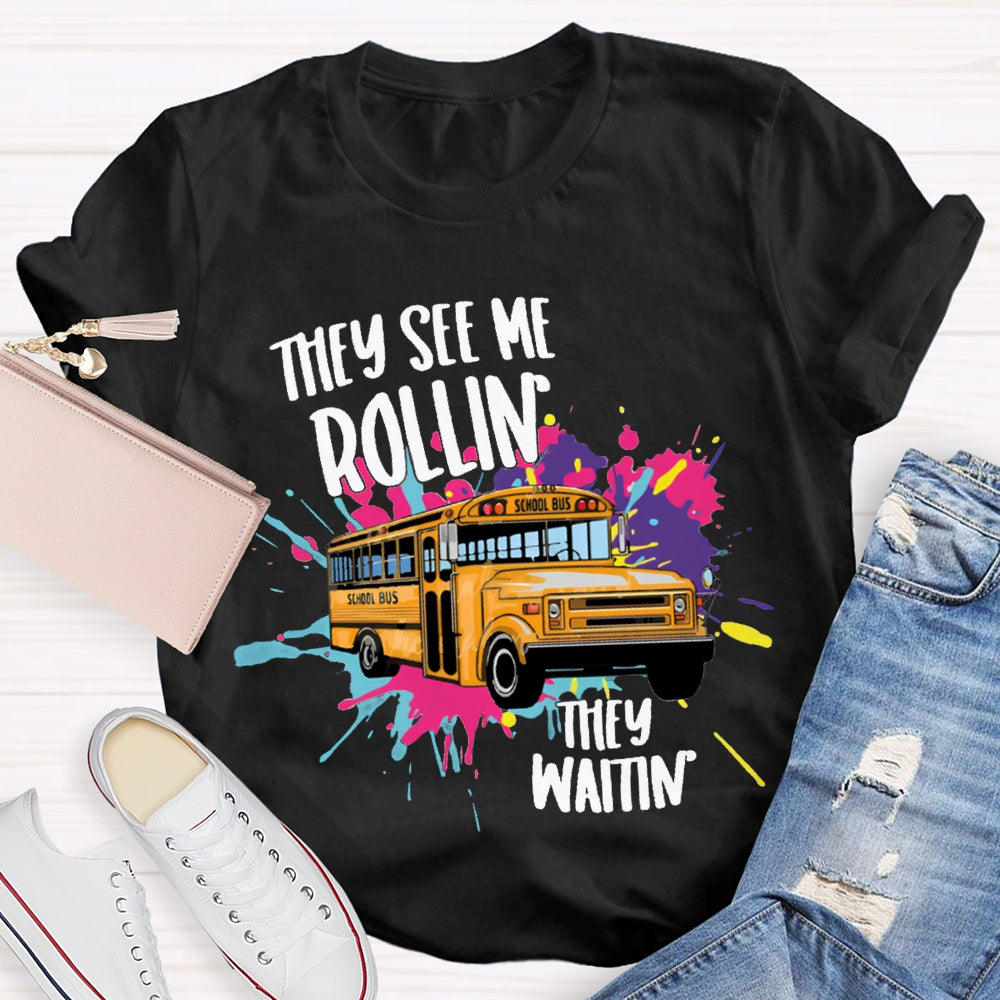 They See Rollin They Waitin School Bus Tie-Dye Print T-shirt