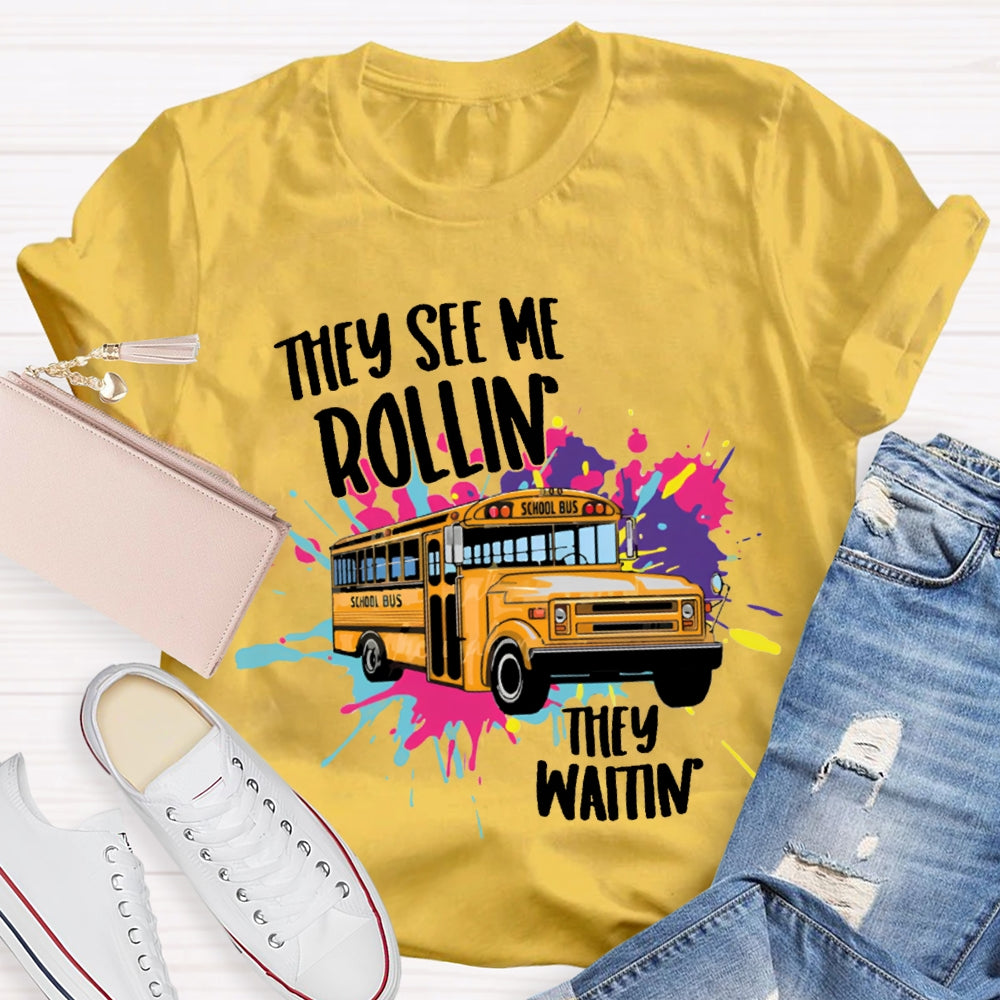 They See Rollin They Waitin School Bus Tie-Dye Print T-shirt