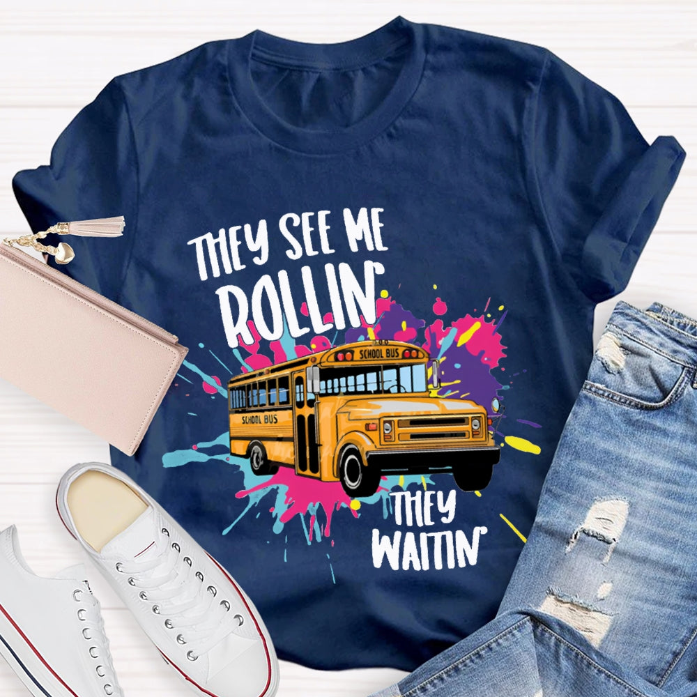 They See Rollin They Waitin School Bus Tie-Dye Print T-shirt