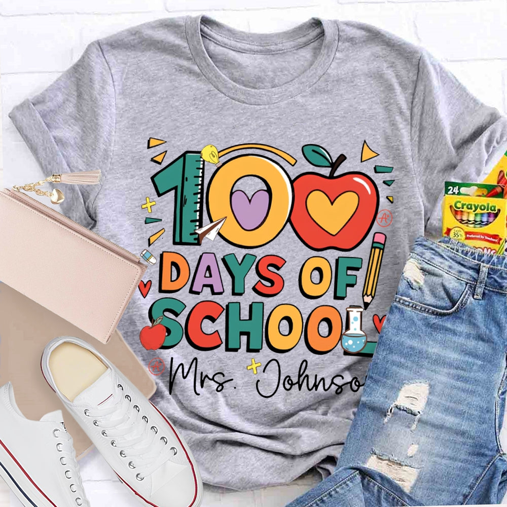 Personalized Name 100 Days Of School Apple Font T-shirt