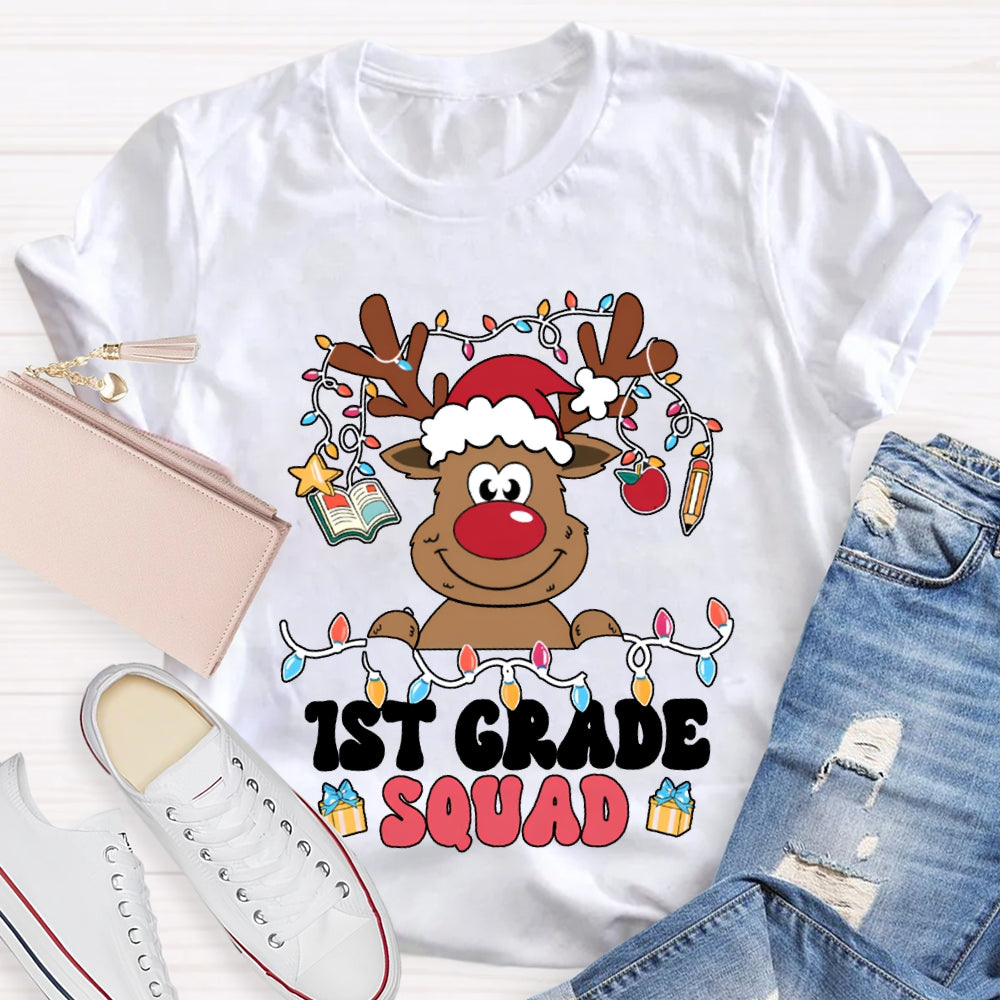 Personalized Grade First Grade Squad Christmas Lights And Christmas Reindeer T-shirt