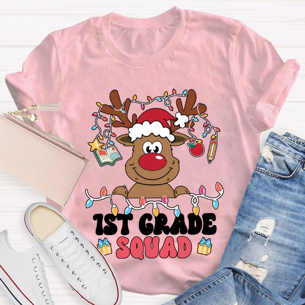 Personalized Grade First Grade Squad Christmas Lights And Christmas Reindeer T-shirt