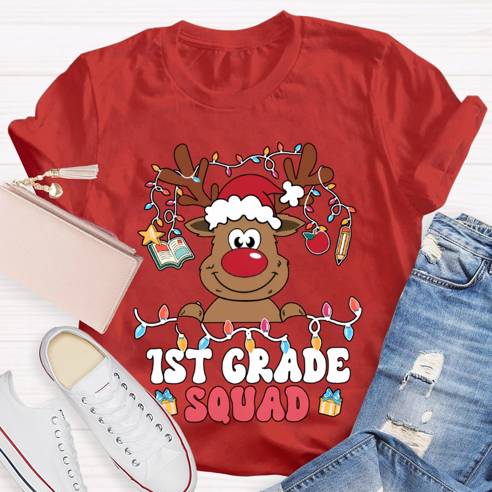 Personalized Grade First Grade Squad Christmas Lights And Christmas Reindeer T-shirt
