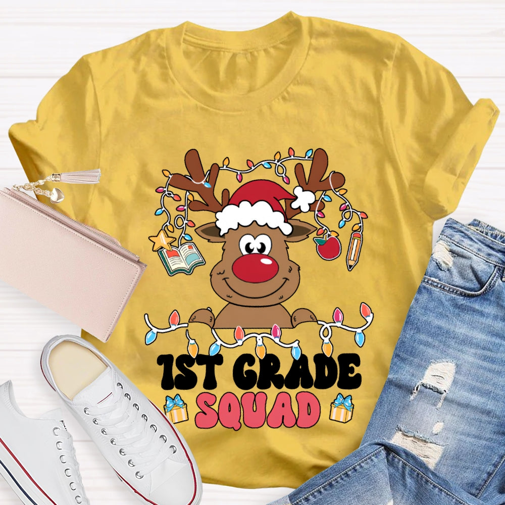 Personalized Grade First Grade Squad Christmas Lights And Christmas Reindeer T-shirt