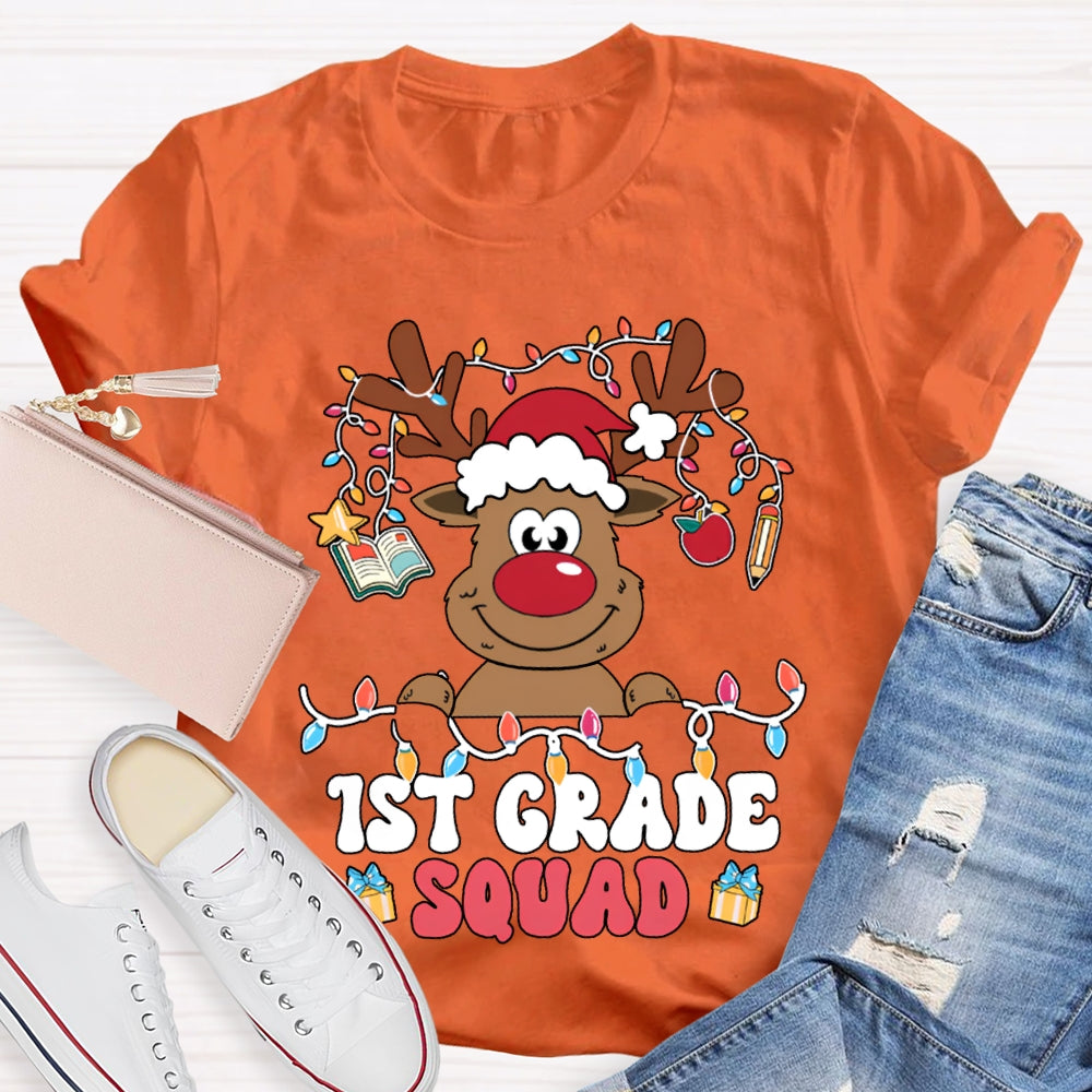 Personalized Grade First Grade Squad Christmas Lights And Christmas Reindeer T-shirt