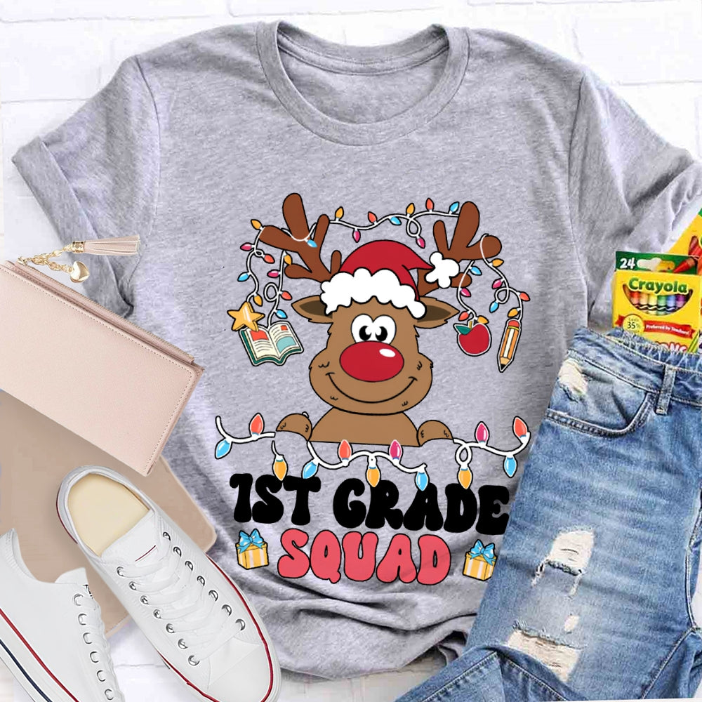 Personalized Grade First Grade Squad Christmas Lights And Christmas Reindeer T-shirt