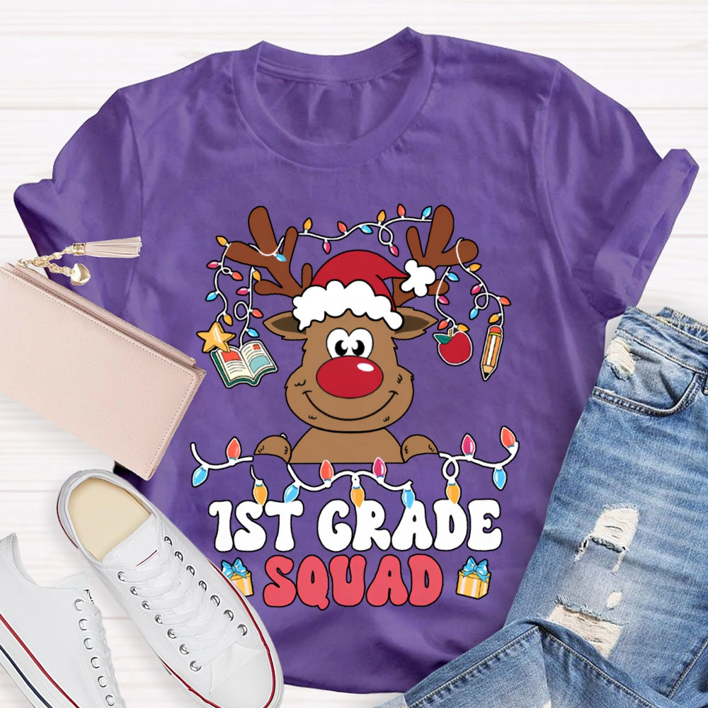 Personalized Grade First Grade Squad Christmas Lights And Christmas Reindeer T-shirt