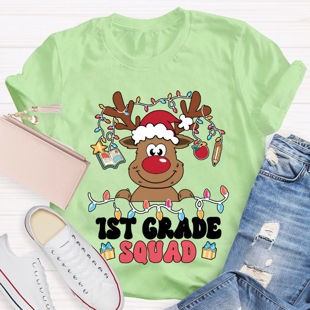 Personalized Grade First Grade Squad Christmas Lights And Christmas Reindeer T-shirt