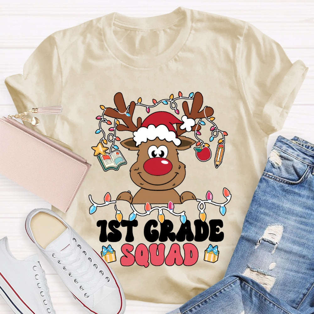 Personalized Grade First Grade Squad Christmas Lights And Christmas Reindeer T-shirt