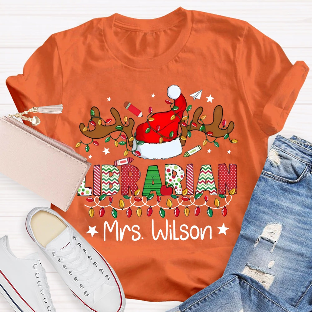 Personalized Name Librarian Christmas Lights And Santa Hats T-shirt