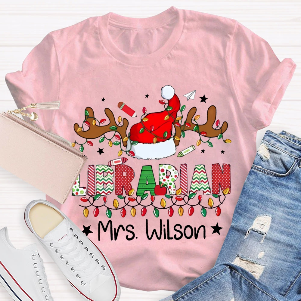 Personalized Name Librarian Christmas Lights And Santa Hats T-shirt