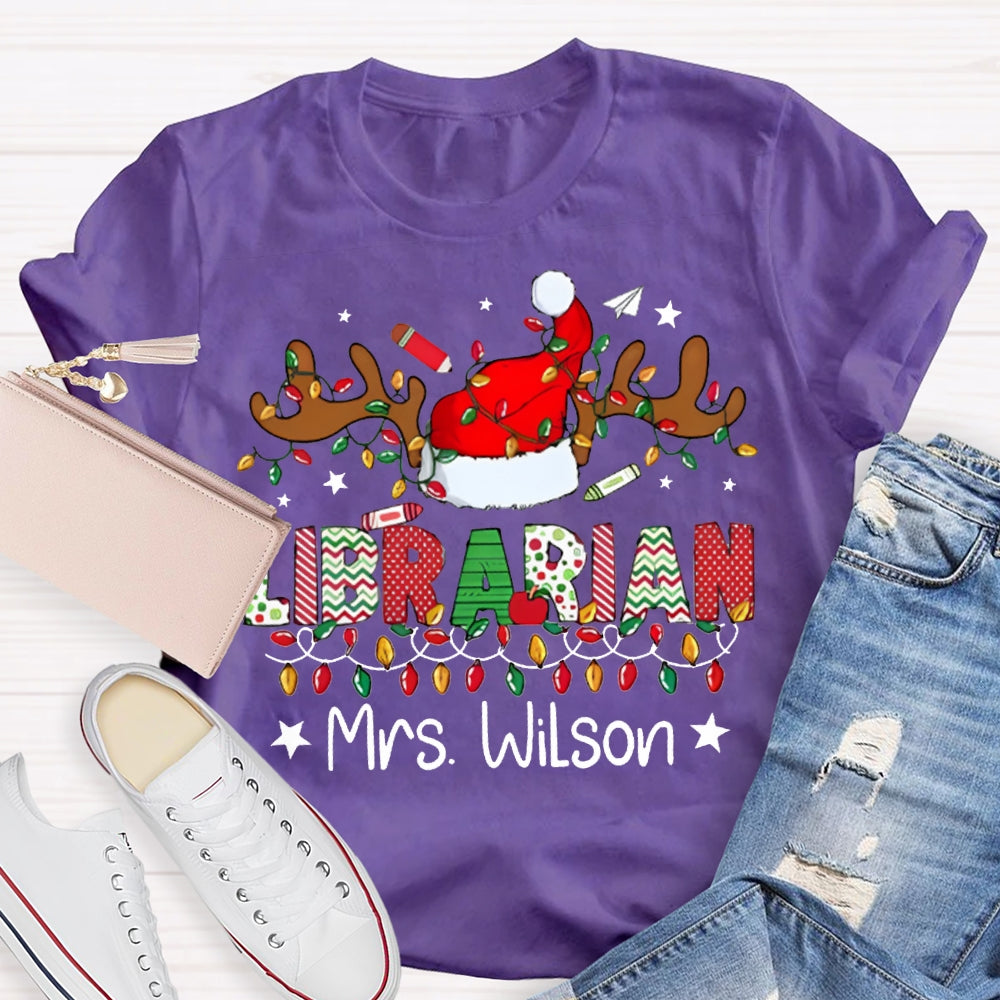 Personalized Name Librarian Christmas Lights And Santa Hats T-shirt