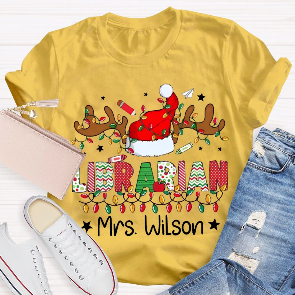 Personalized Name Librarian Christmas Lights And Santa Hats T-shirt