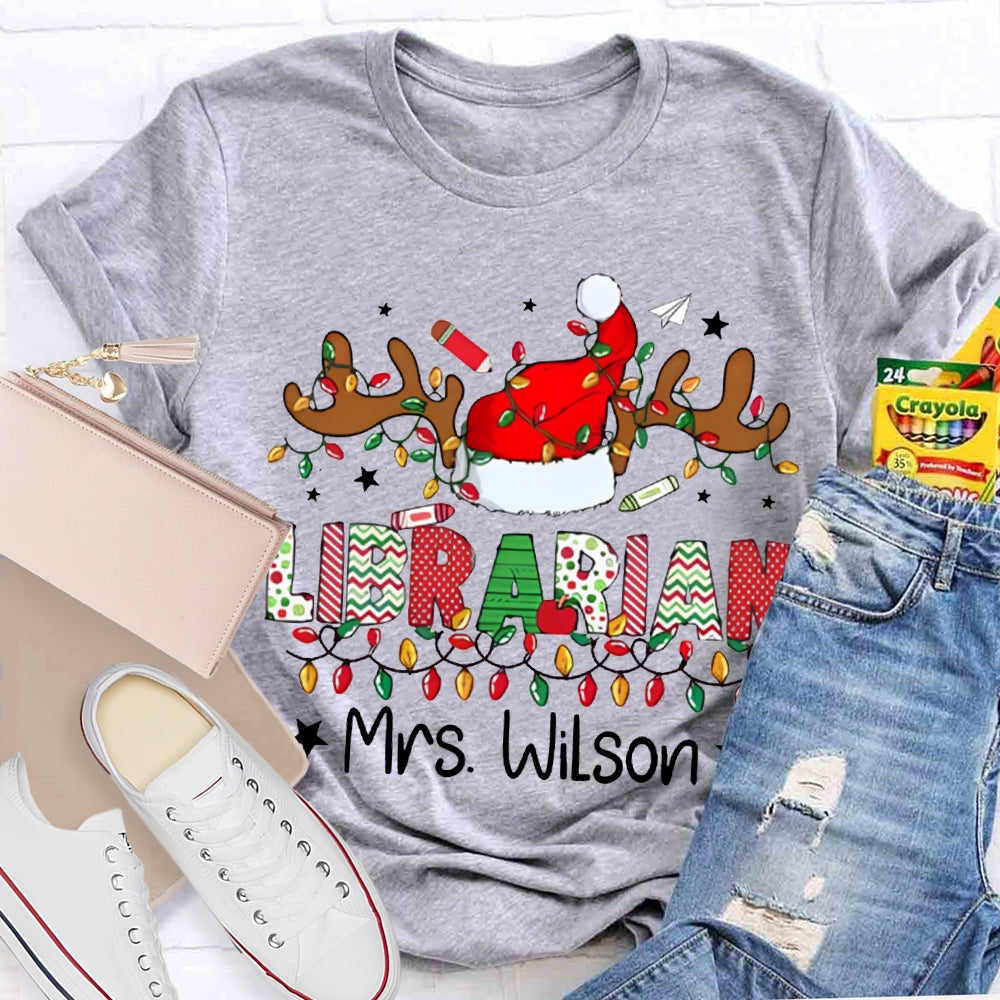 Personalized Name Librarian Christmas Lights And Santa Hats T-shirt