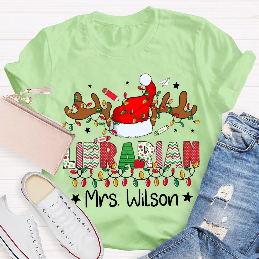 Personalized Name Librarian Christmas Lights And Santa Hats T-shirt