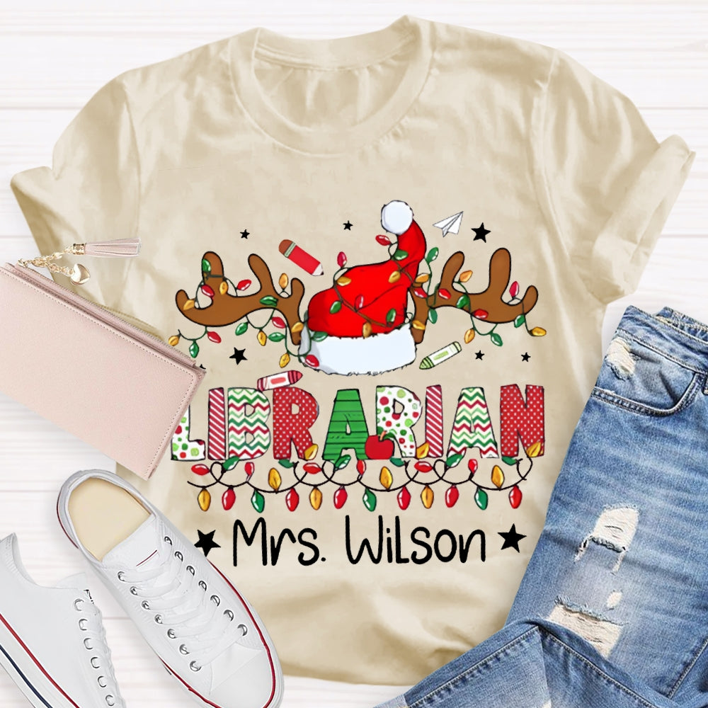 Personalized Name Librarian Christmas Lights And Santa Hats T-shirt