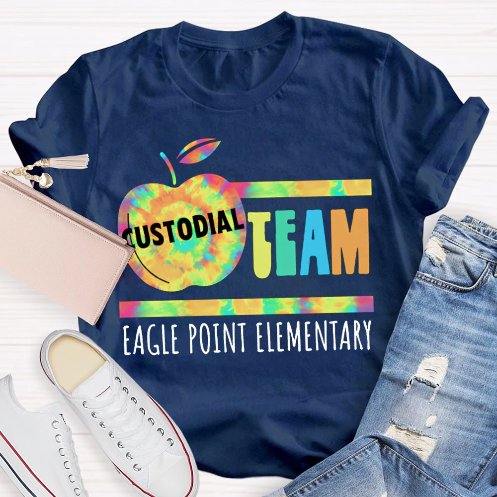 Personalized School Name Custodial Team Tie-Dye Apple Print T-shirt