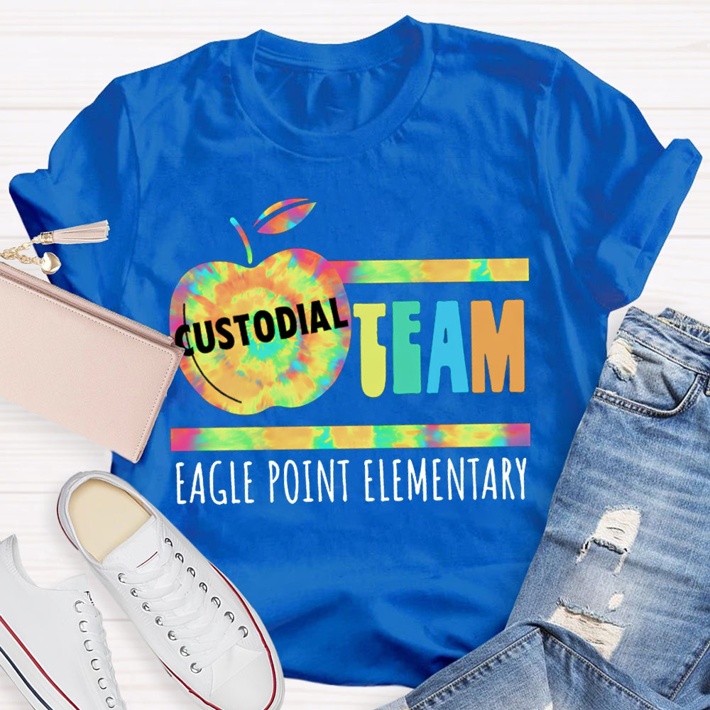 Personalized School Name Custodial Team Tie-Dye Apple Print T-shirt