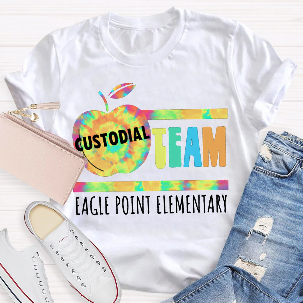 Personalized School Name Custodial Team Tie-Dye Apple Print T-shirt