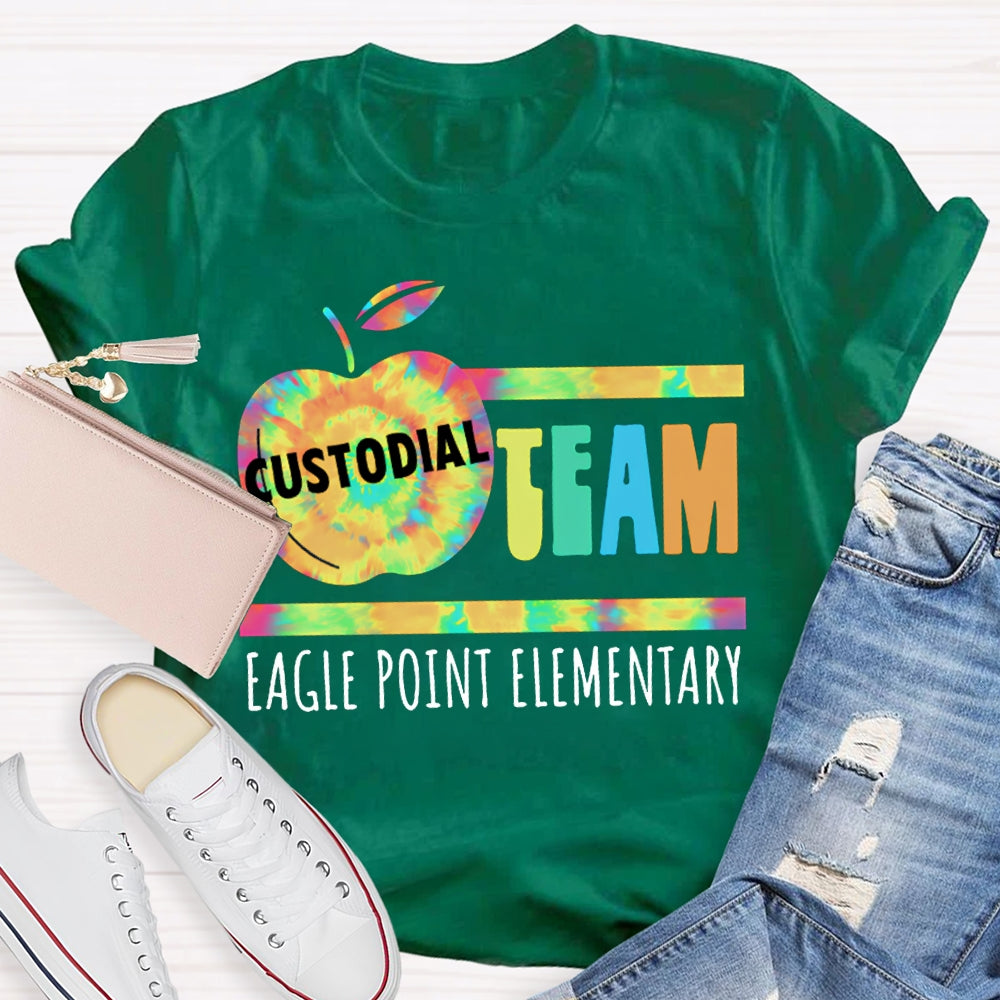 Personalized School Name Custodial Team Tie-Dye Apple Print T-shirt