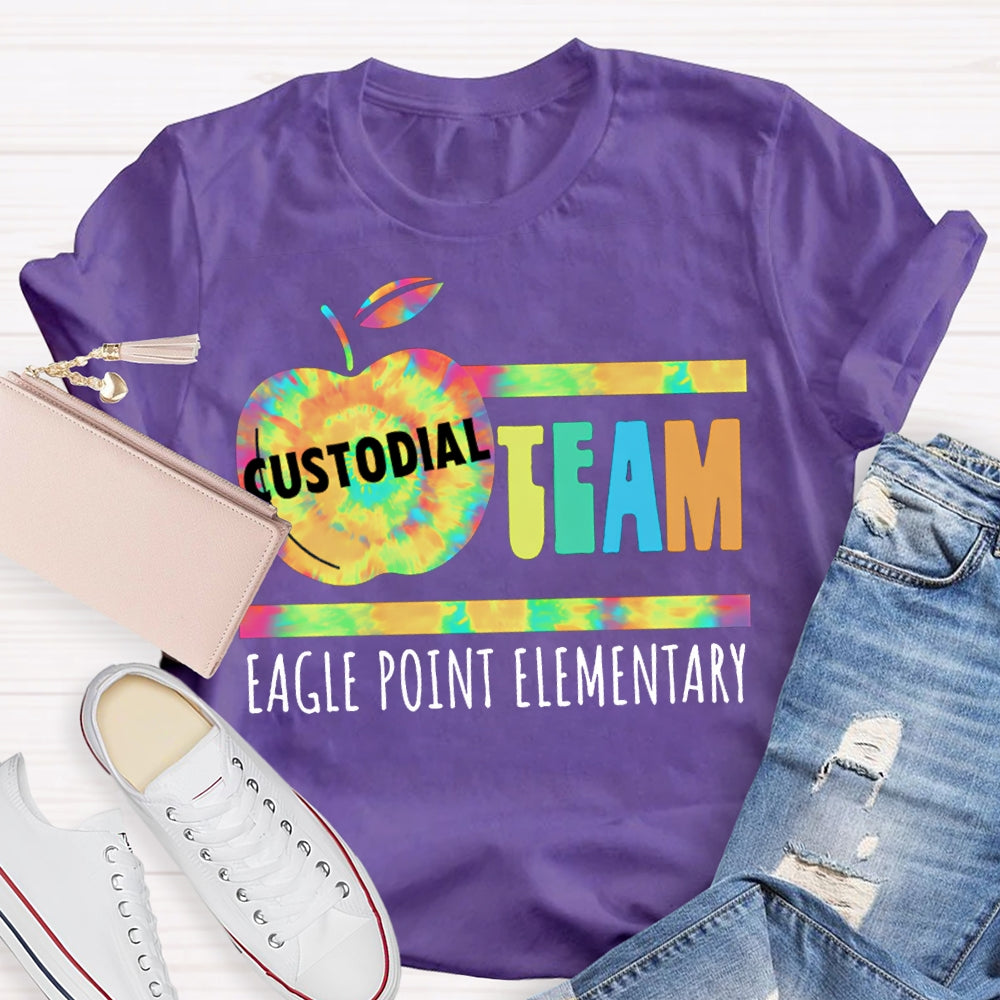 Personalized School Name Custodial Team Tie-Dye Apple Print T-shirt
