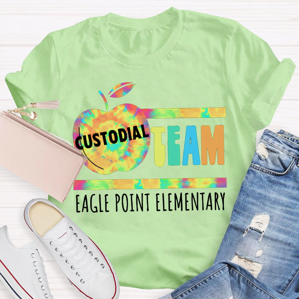 Personalized School Name Custodial Team Tie-Dye Apple Print T-shirt