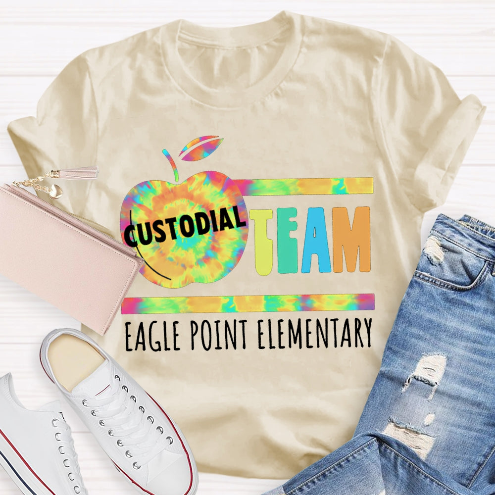 Personalized School Name Custodial Team Tie-Dye Apple Print T-shirt
