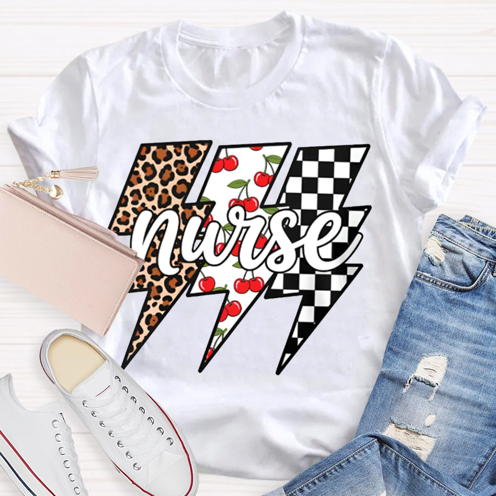 School Nurse Colorful Checkered Lightning Print T-shirt