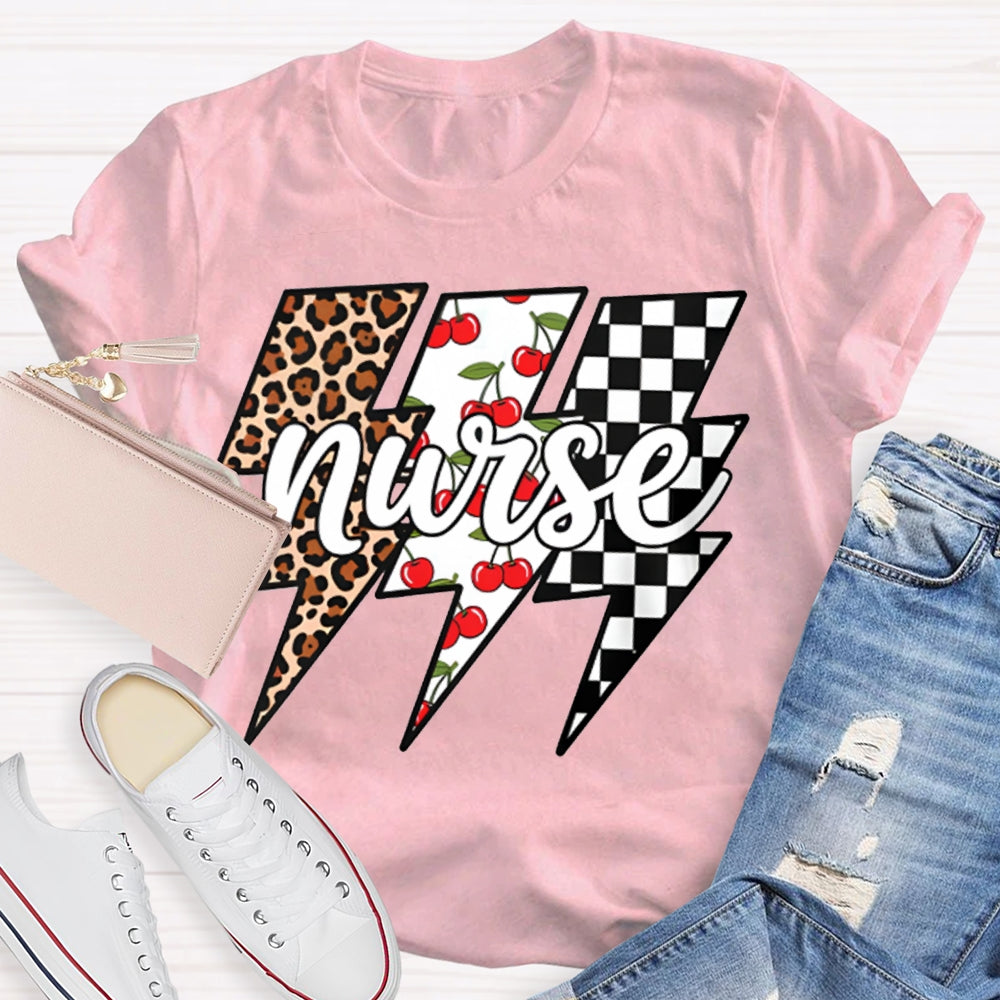 School Nurse Colorful Checkered Lightning Print T-shirt