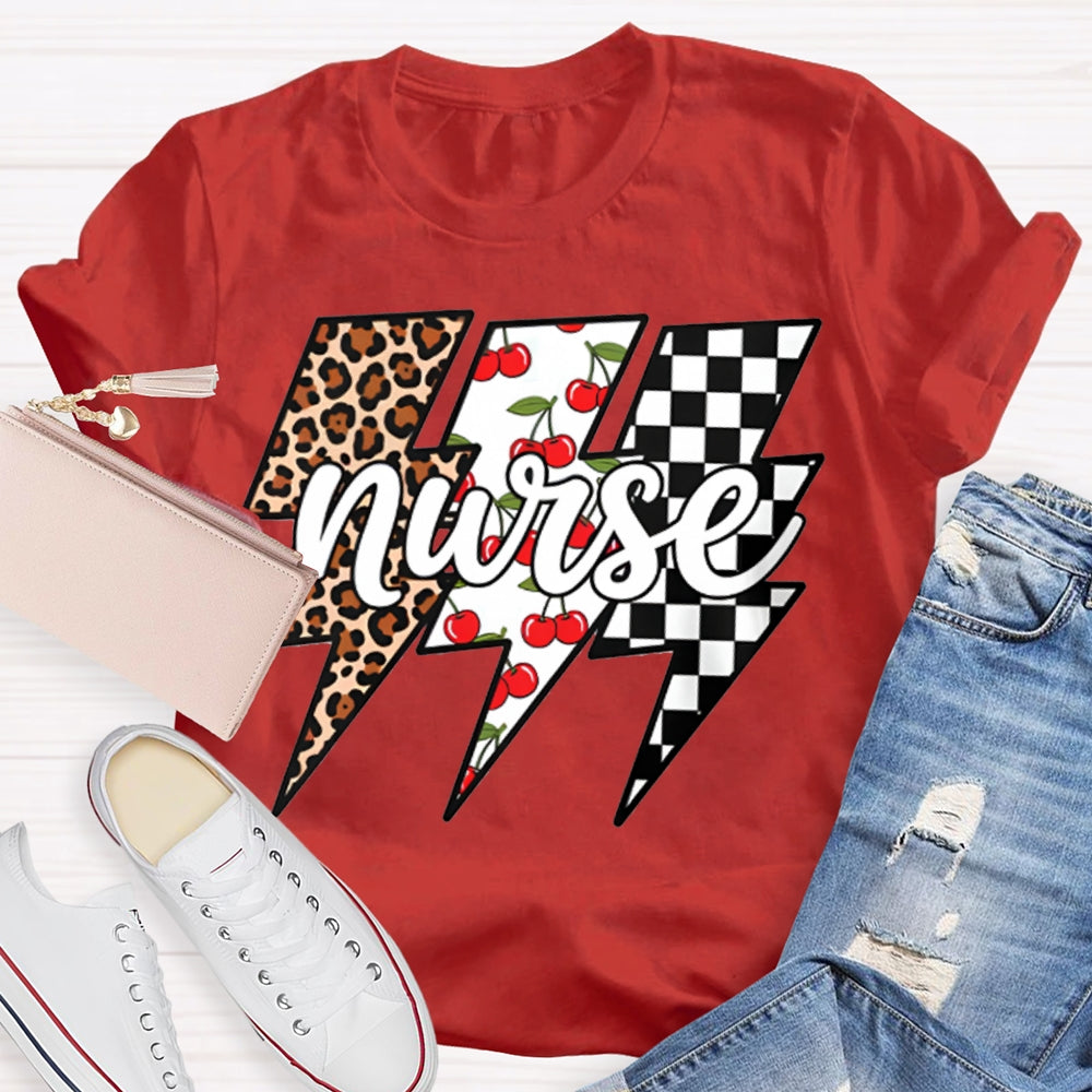 School Nurse Colorful Checkered Lightning Print T-shirt