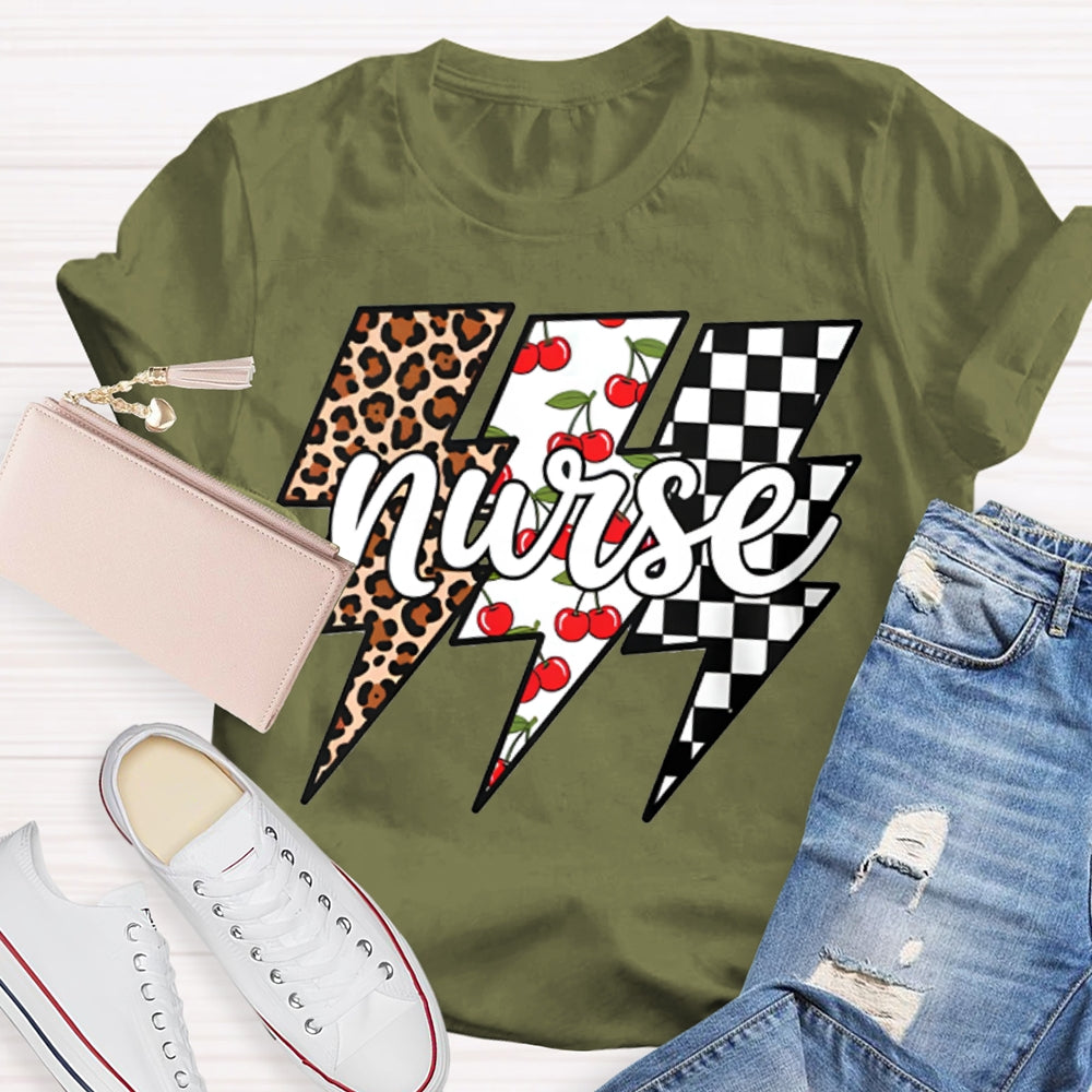 School Nurse Colorful Checkered Lightning Print T-shirt