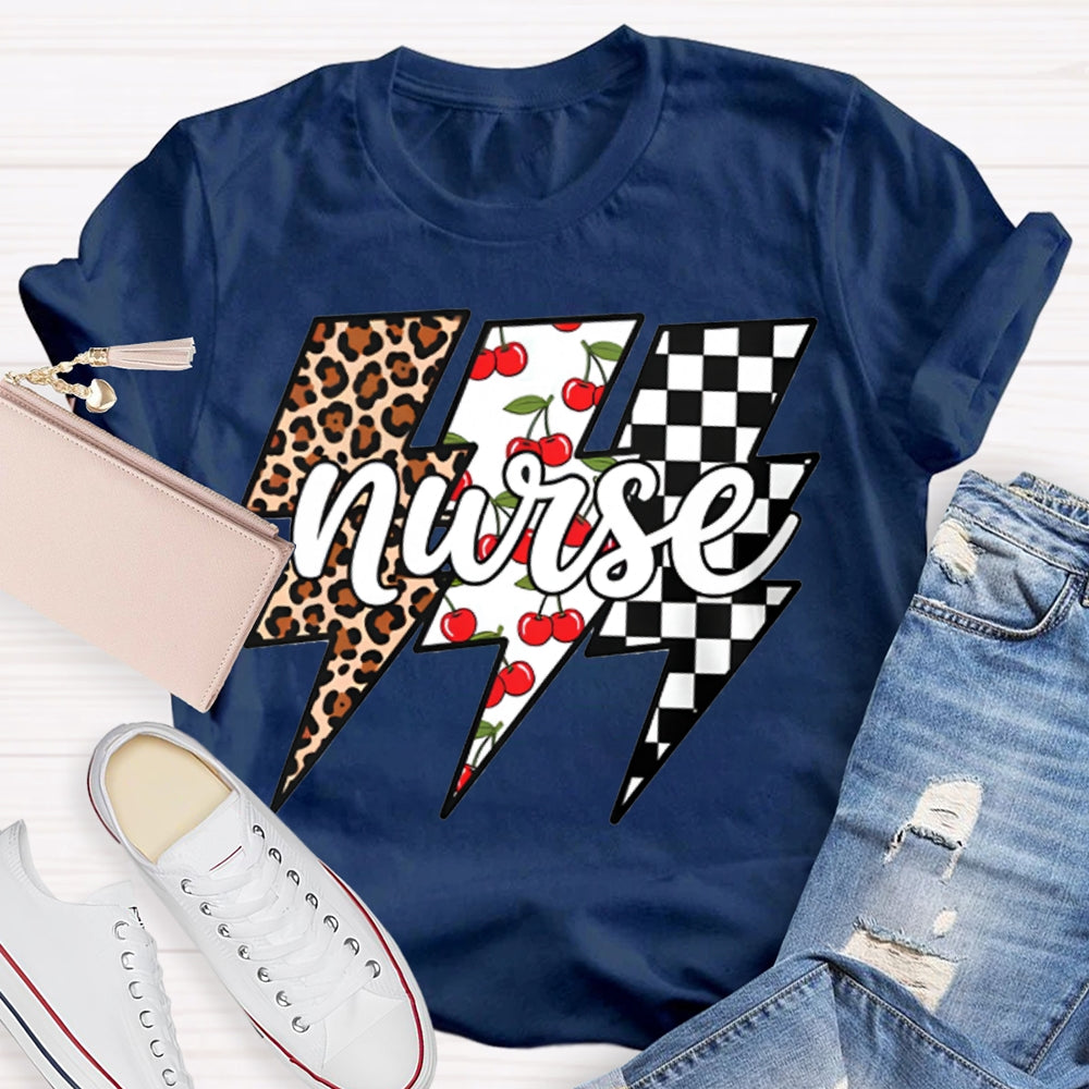 School Nurse Colorful Checkered Lightning Print T-shirt