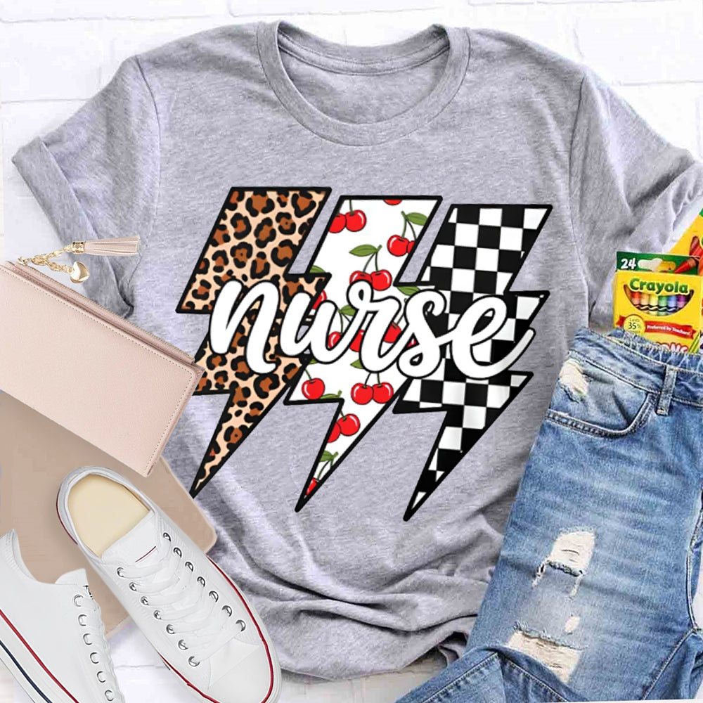School Nurse Colorful Checkered Lightning Print T-shirt