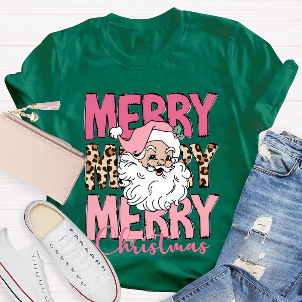 Merry Christmas Santa Claus And Leopard Print Font T-shirt