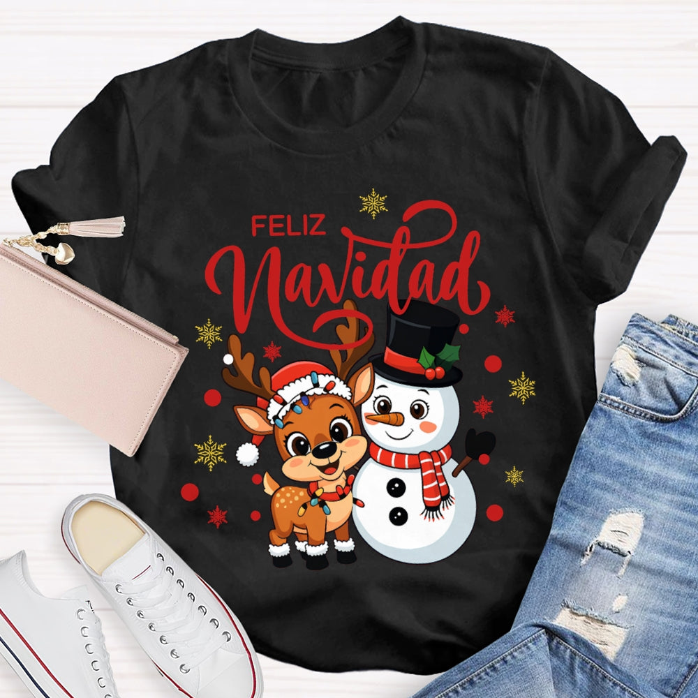 Feliz Navidad Christmas Reindeer And Snowman Bilingual Teacher T-shirt