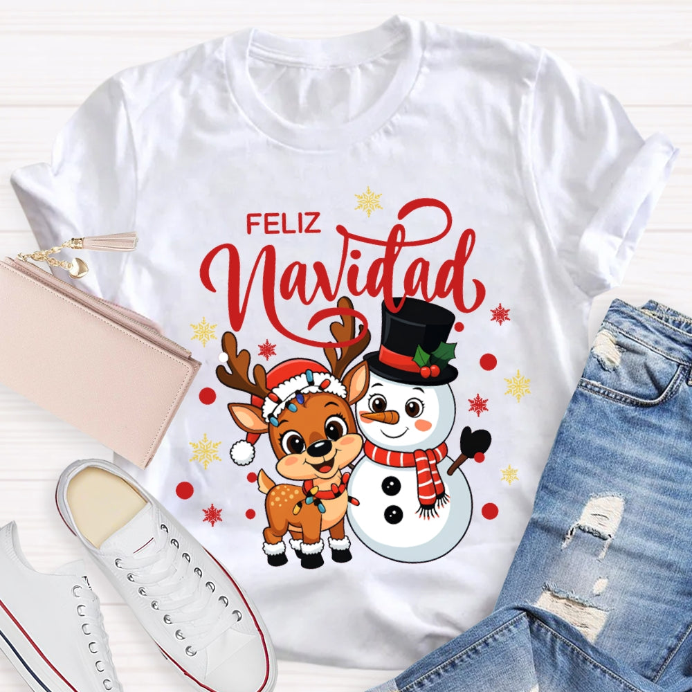 Feliz Navidad Christmas Reindeer And Snowman Bilingual Teacher T-shirt
