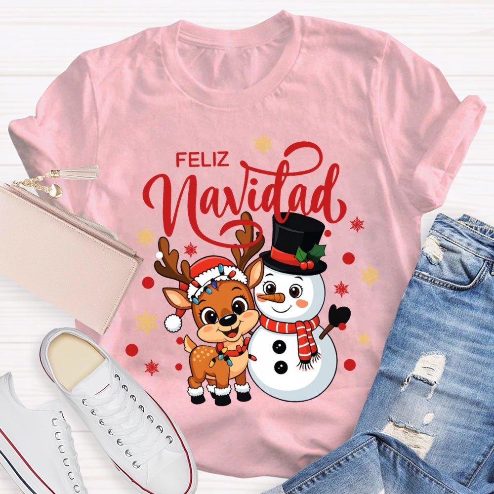 Feliz Navidad Christmas Reindeer And Snowman Bilingual Teacher T-shirt