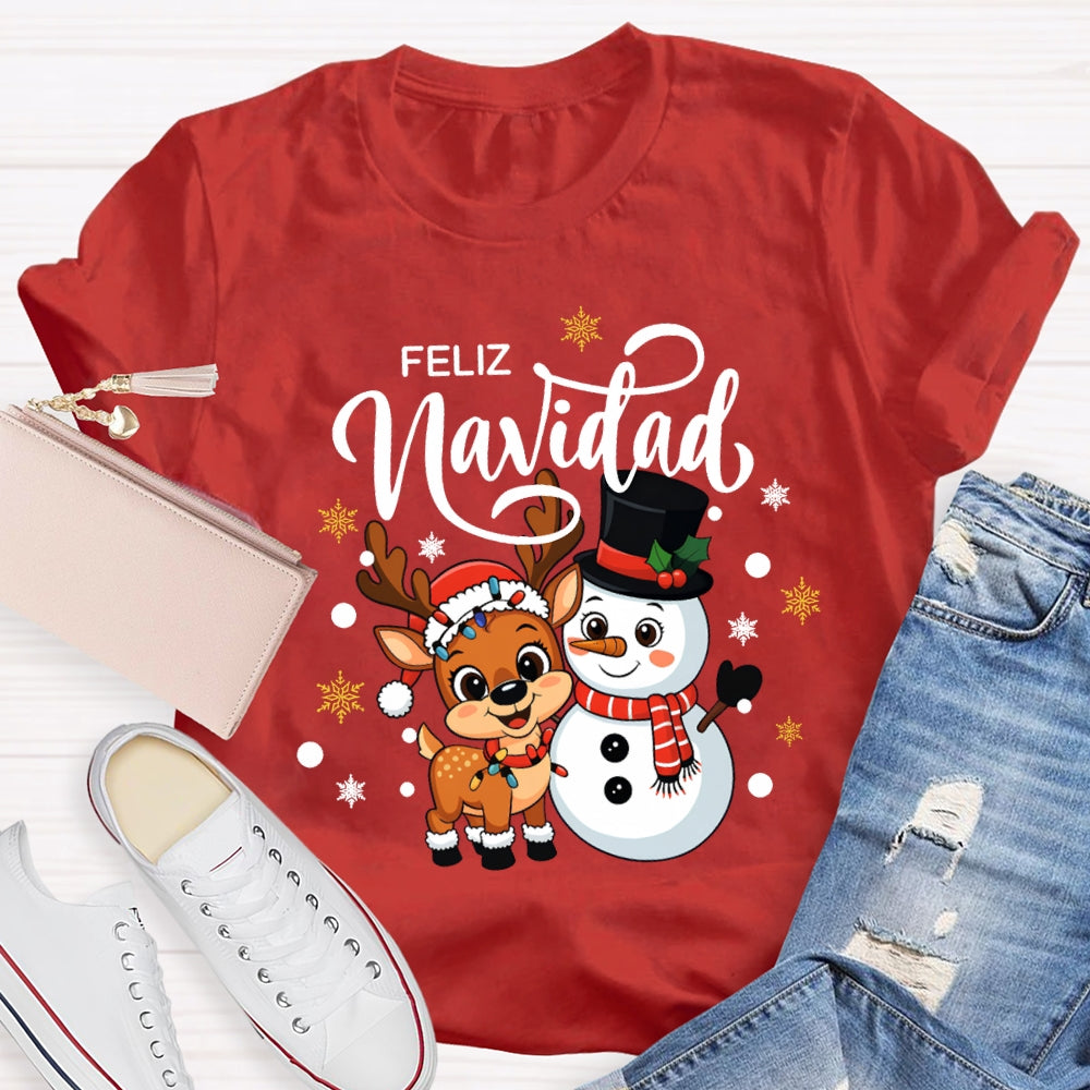 Feliz Navidad Christmas Reindeer And Snowman Bilingual Teacher T-shirt