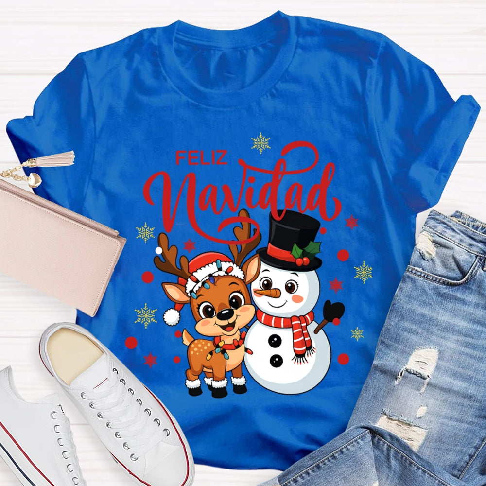 Feliz Navidad Christmas Reindeer And Snowman Bilingual Teacher T-shirt