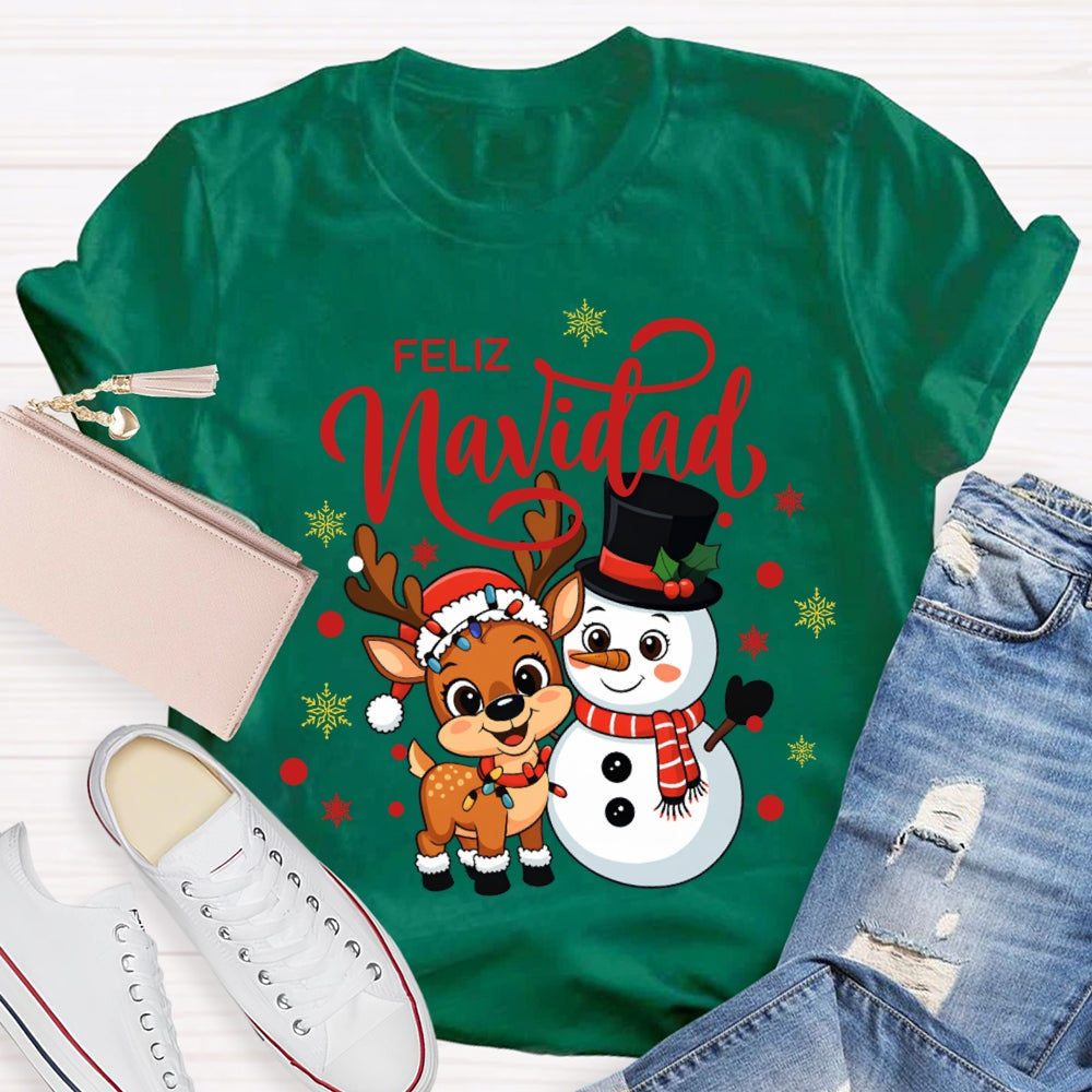Feliz Navidad Christmas Reindeer And Snowman Bilingual Teacher T-shirt