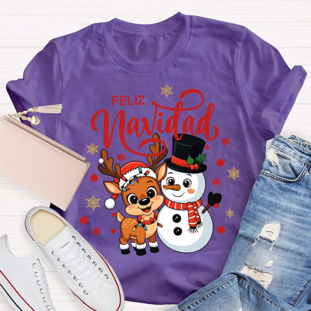 Feliz Navidad Christmas Reindeer And Snowman Bilingual Teacher T-shirt