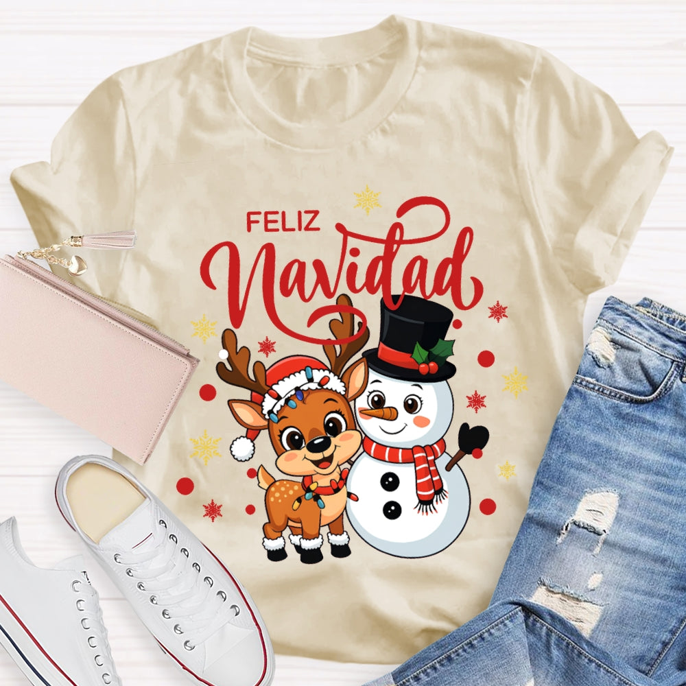 Feliz Navidad Christmas Reindeer And Snowman Bilingual Teacher T-shirt
