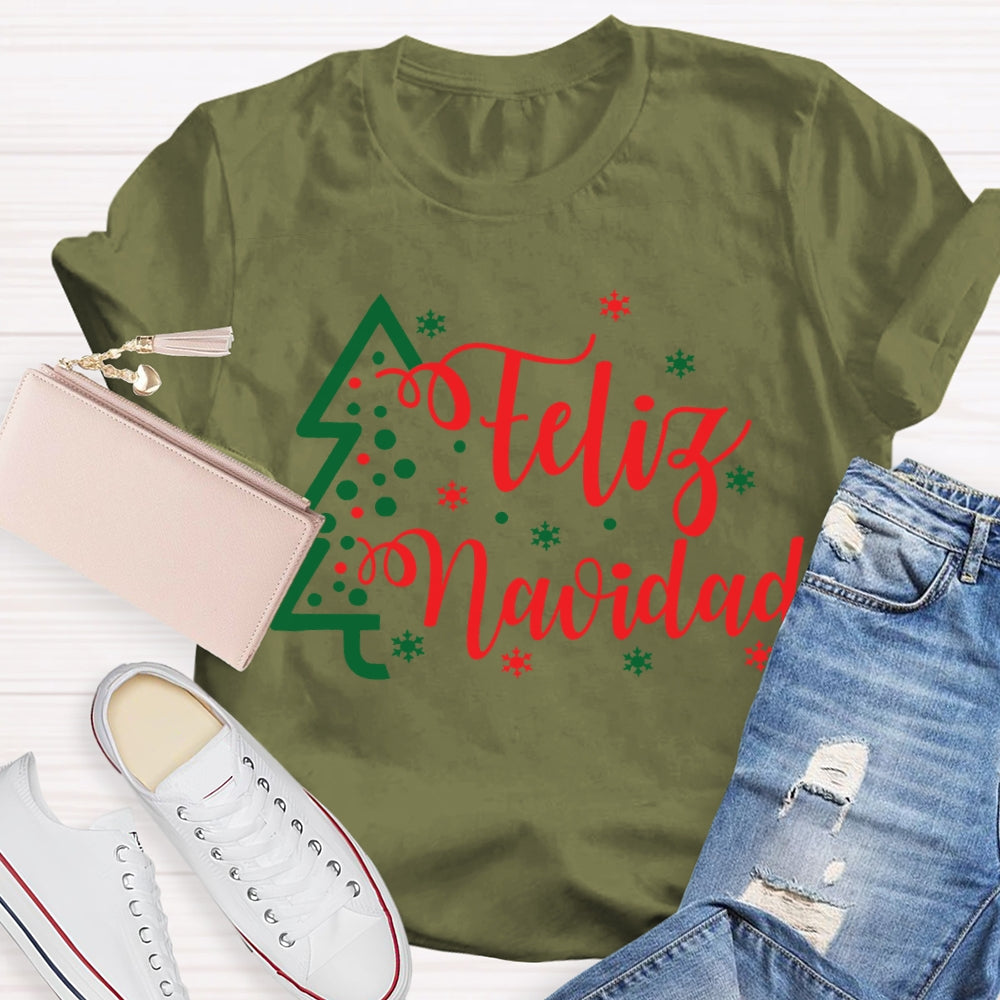 Feliz Navidad Christmas Tree And Snowflakes Merry Christmas T-shirt